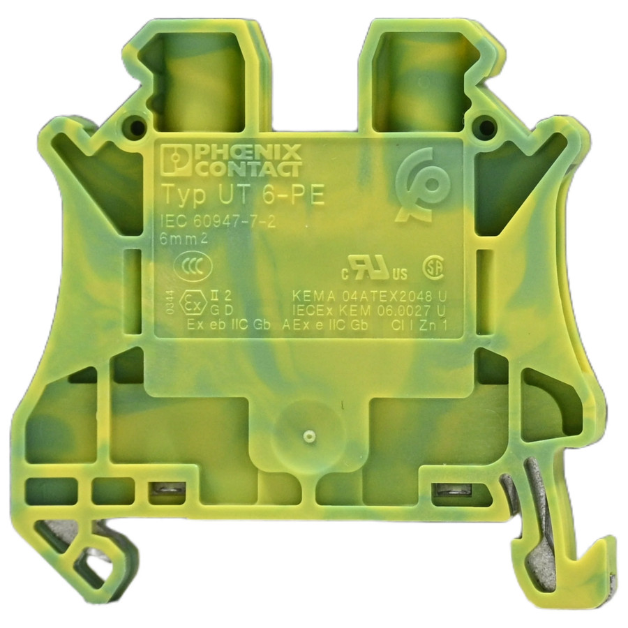 Clemă de derivație 6 mm² Clema șir cu șurub, 2PT, 2 conexiuni, 6 mm², verde-galben, UT 6 BU, Phoenix Contact, 3044157 – montaj r