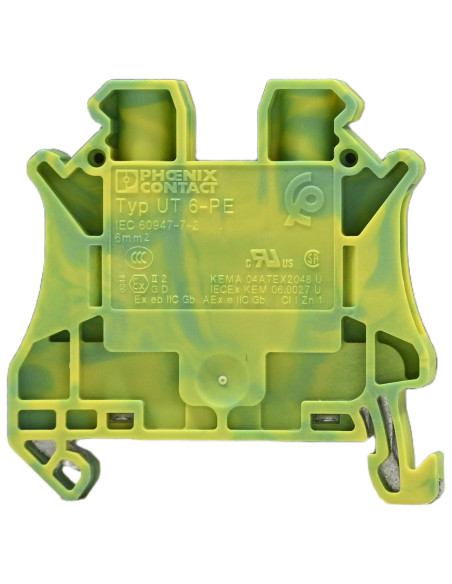 Clemă de derivație 6 mm² Clema șir cu șurub, 2PT, 2 conexiuni, 6 mm², verde-galben, UT 6 BU, Phoenix Contact, 3044157 – montaj r