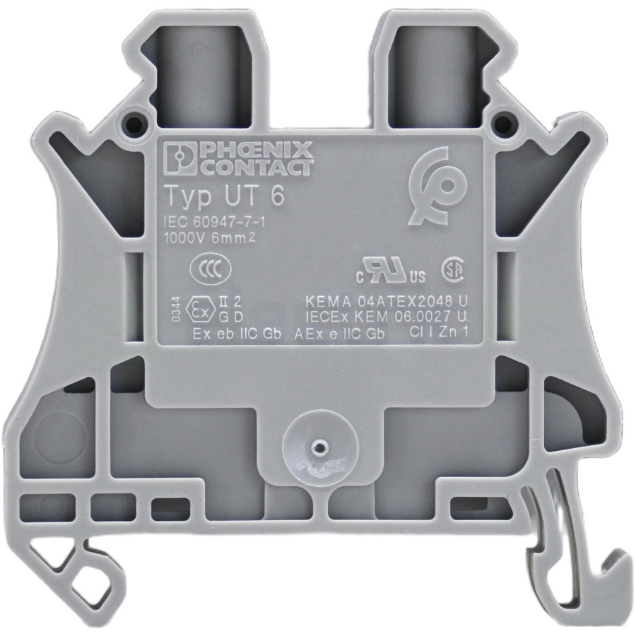 Clemă de derivație 6 mm² Clema șir cu șurub, 2PT, 2 conexiuni, 6 mm², gri, UT 6 , Phoenix Contact, 3044131 – montaj rapid și sig