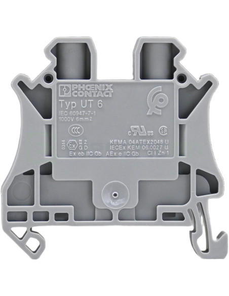 Clemă de derivație 6 mm² Clema șir cu șurub, 2PT, 2 conexiuni, 6 mm², gri, UT 6 , Phoenix Contact, 3044131 – montaj rapid și sig