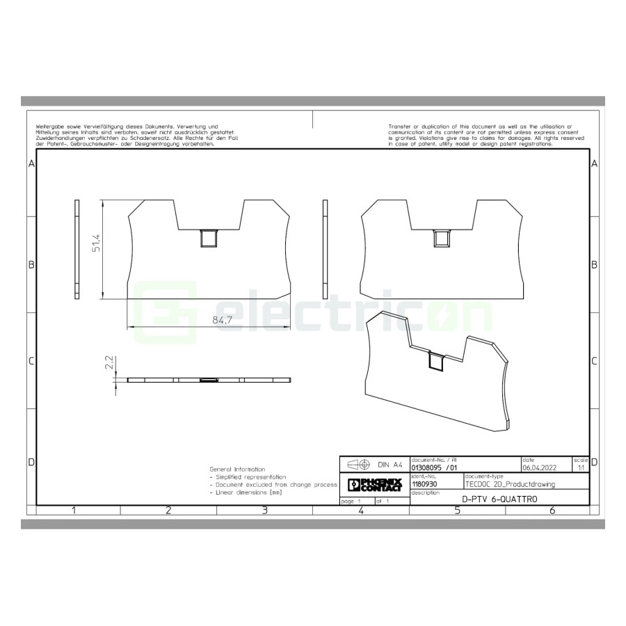 Clemă de derivație Element terminal pentru clema Phoenix Contact serie PTV 6 gri, D-PTV 6-QUATTRO, Phoenix Contact, 1180930 – mo