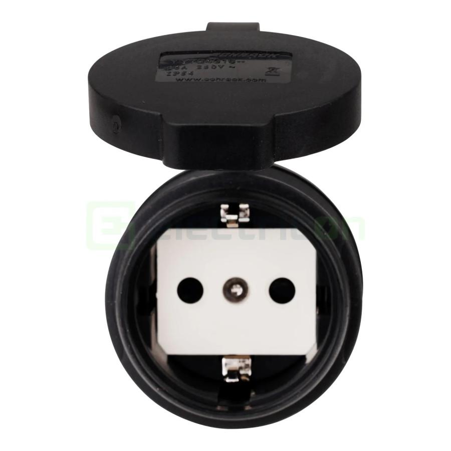 Priza industriala, Shucko, 16A, 250V, IP54, negru, tip F, capac rotund, cu etanșare , Schrack, YY724316