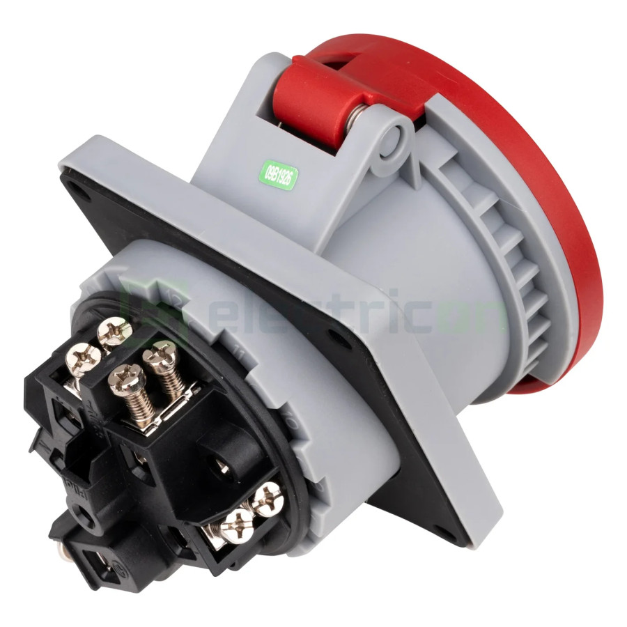 Priza industriala, CEE fix, 5 poli, 63A, 400V, IP44, cu garnitură. montaj pe panou, unghi de 15°, Schrack, YY784563