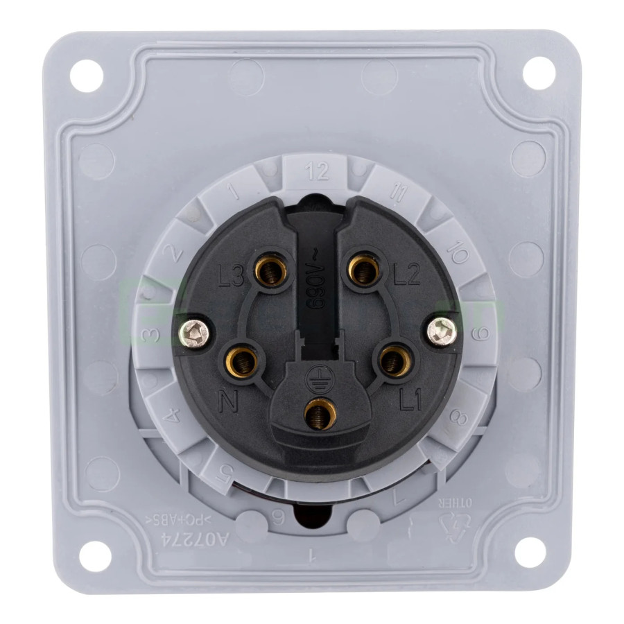 Priza industriala, CEE fix, 5 poli, 16A, 400V, IP44, cu garnitură. montaj pe panou, unghi de 15°, Schrack, YY784516