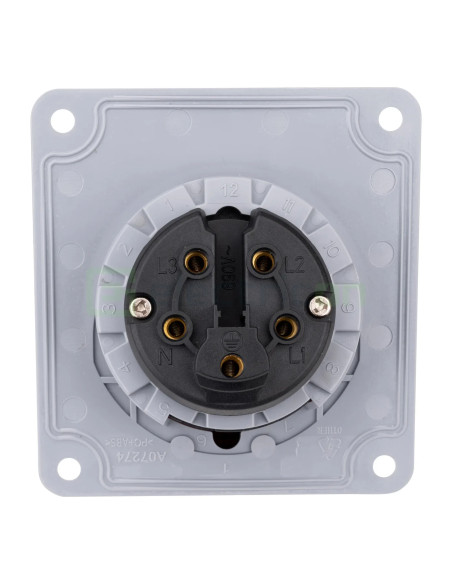 Priza industriala, CEE fix, 5 poli, 16A, 400V, IP44, cu garnitură. montaj pe panou, unghi de 15°, Schrack, YY784516