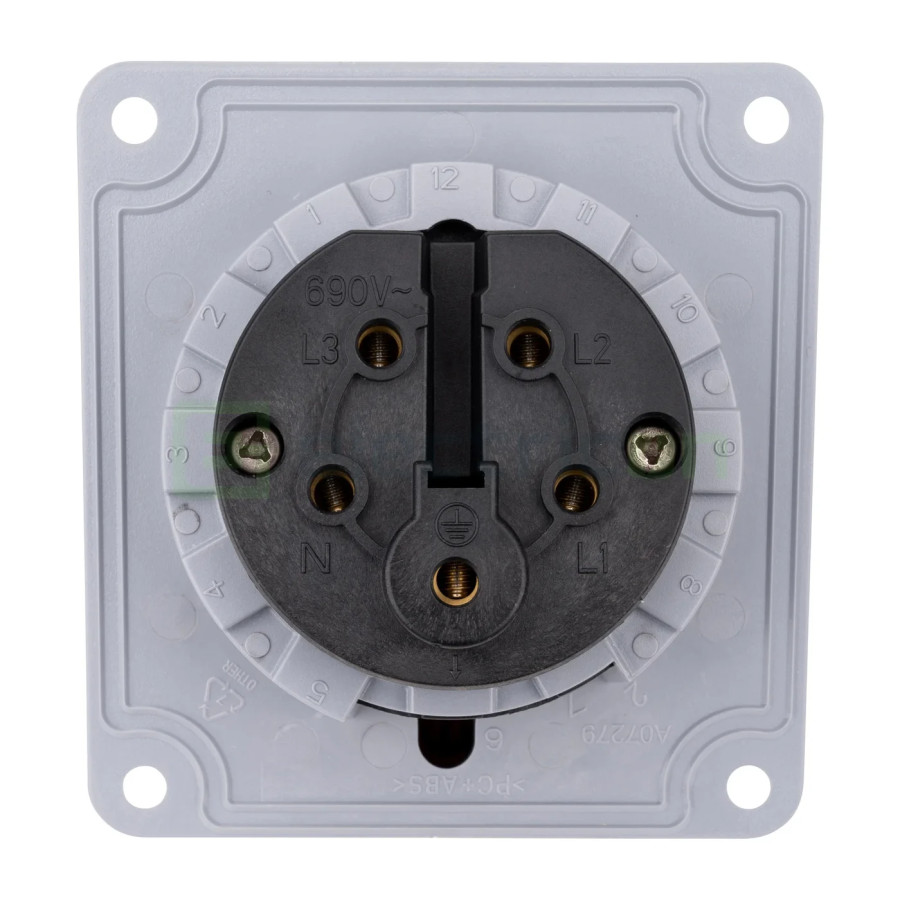 Priza industriala, CEE fix, 5 poli, 32A, 400V, IP44, cu garnitură. montaj pe panou, unghi de 15°, Schrack, YY784532