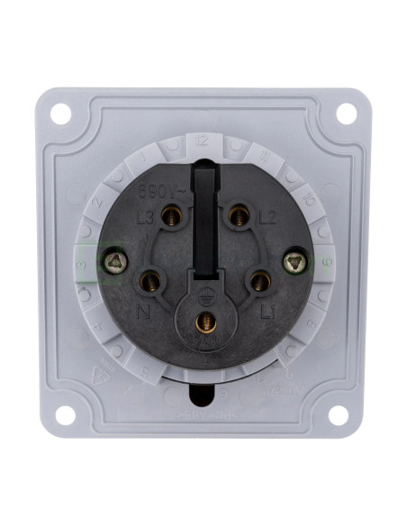 Priza industriala, CEE fix, 5 poli, 32A, 400V, IP44, cu garnitură. montaj pe panou, unghi de 15°, Schrack, YY784532