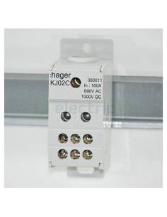 Bloc distribuție 70mm² Bloc distribuție terminal, 1P, 160A, 1x70mm²+6x16mm² + 1 bară colectoare 16x5mm, lățime 35mm, Hager, KJ02