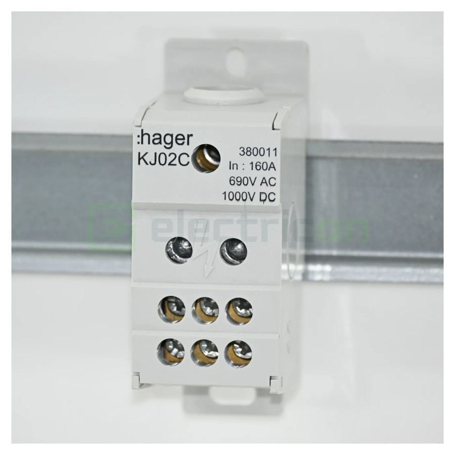 Bloc distribuție 70mm² Bloc distribuție terminal, 1P, 160A, 1x70mm²+6x16mm² + 1 bară colectoare 16x5mm, lățime 35mm, Hager, KJ02