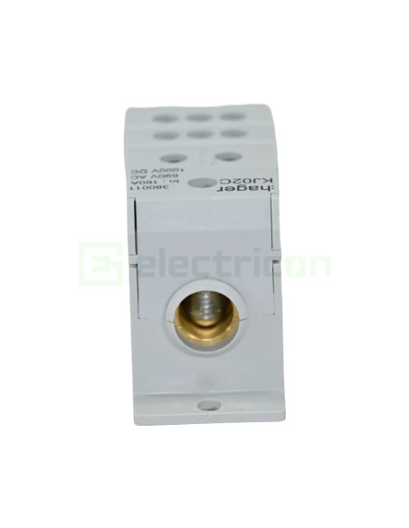 Bloc distribuție 70mm² Bloc distribuție terminal, 1P, 160A, 1x70mm²+6x16mm² + 1 bară colectoare 16x5mm, lățime 35mm, Hager, KJ02