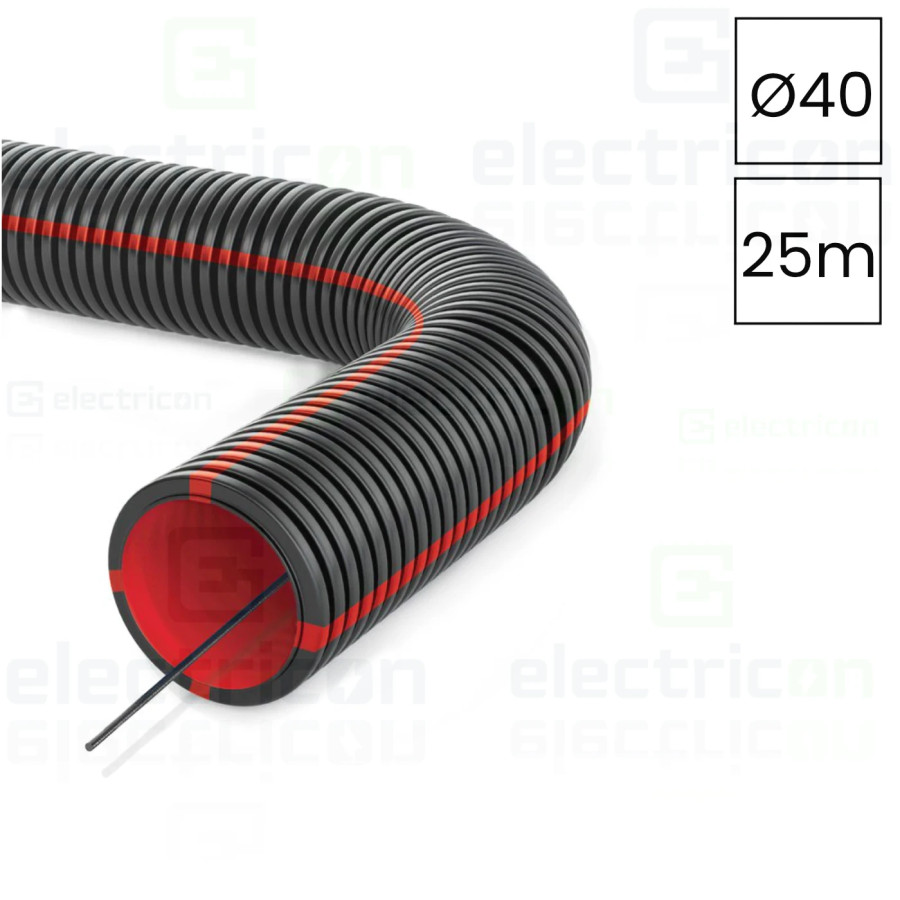 Copex - tub riflat - PVC Ø40 mm - 25 metri - protecție electromagnetică - negru-roșu ignifug - Kouvidis Geonflex 2042040