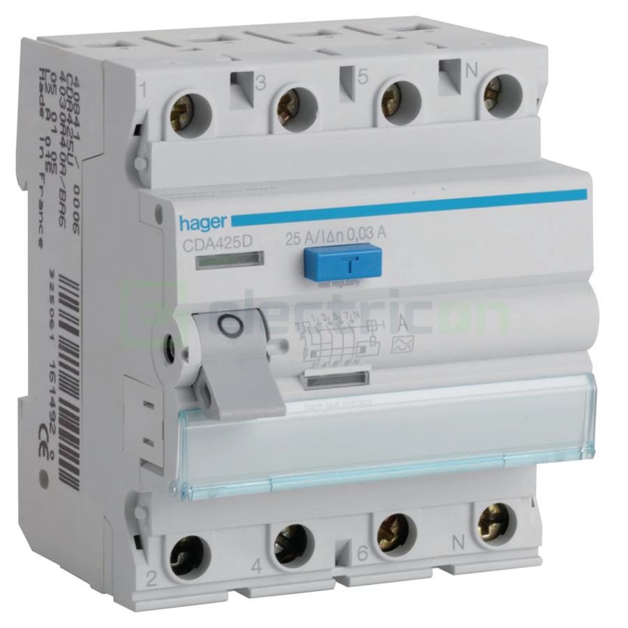 Intrerupator RCCB 4P 30mA 25A tip A Hager CDA425D