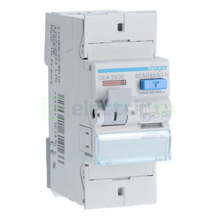 Intrerupator RCCB 2P 100mA 63A tip A Hager CEA263E
