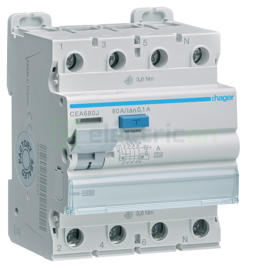 Intrerupator RCCB 4P 100mA 80A tip A Hager CEA680J