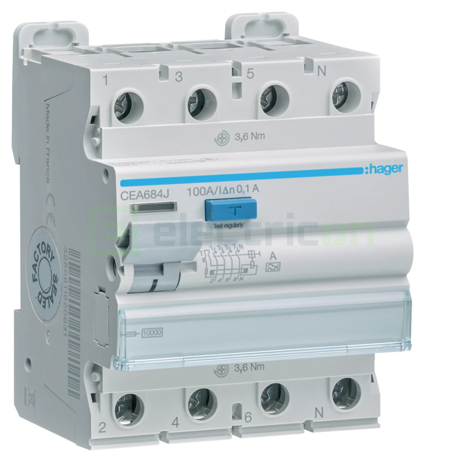 Intrerupator RCCB 4P 100mA 100A tip A Hager CEA684J