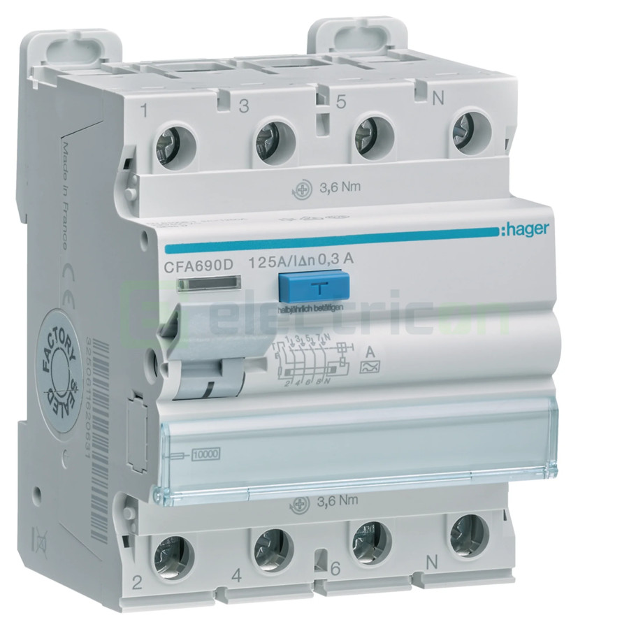 Intrerupator RCCB 4P 300mA 125A tip A Hager CFA690D