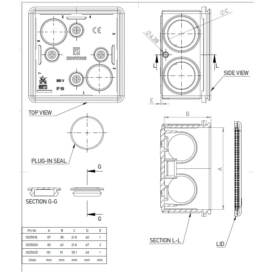 Doză ramificație - Cutie conexiuni - Ø25/32 - 101x101x50mm montaj aparent cu protecție UV IP55 - Kouvidis 3025025