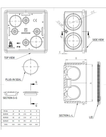 Doză ramificație - Cutie conexiuni - Ø25/32 - 101x101x50mm montaj aparent cu protecție UV IP55 - Kouvidis 3025025