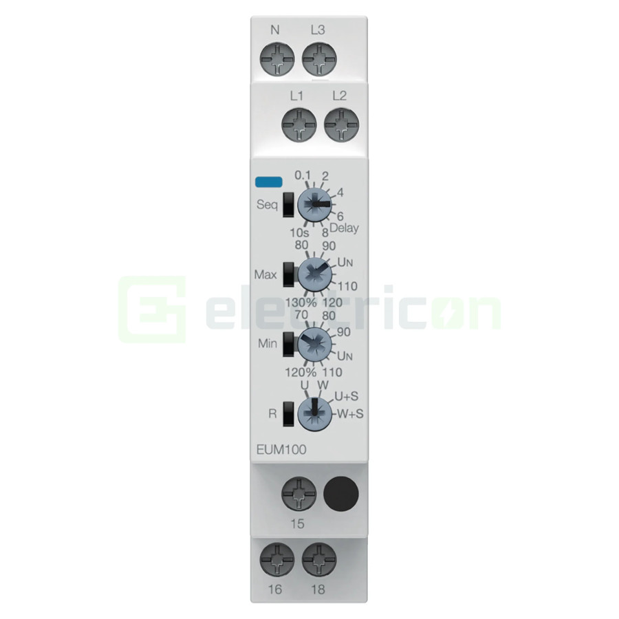 Releu control monitorizare tensiune ajustabil Hager EUM100 (1P+N/3P+N, 1 contact comutare)