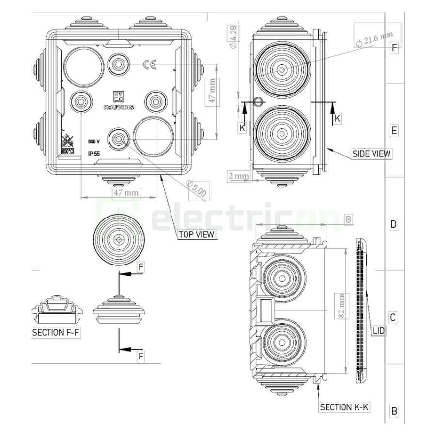 Doză ramificație - Cutie conexiuni - Ø20/16 - 82x82x43mm montaj aparent IP55 - Kouvidis 3018020