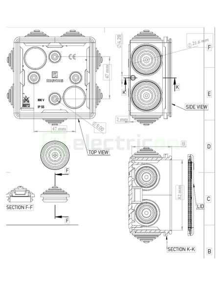 Doză ramificație - Cutie conexiuni - Ø20/16 - 82x82x43mm montaj aparent IP55 - Kouvidis 3018020
