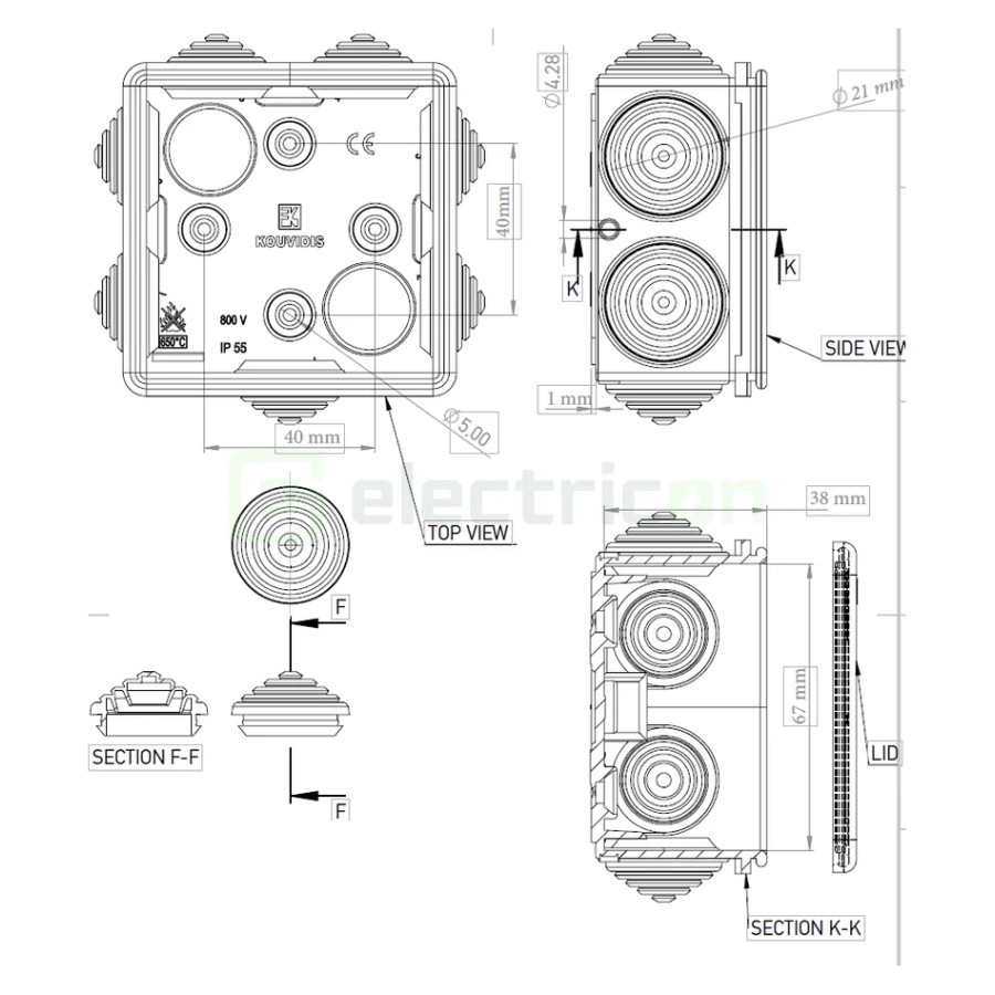 Doză ramificație - Cutie conexiuni - Ø16/20 - 62x62x32 mm montaj aparent IP55 - Kouvidis 3018016