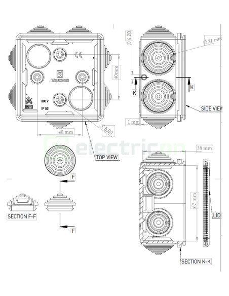 Doză ramificație - Cutie conexiuni - Ø16/20 - 62x62x32 mm montaj aparent IP55 - Kouvidis 3018016