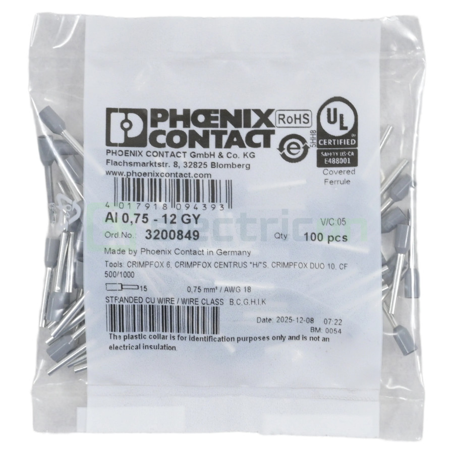 Ferule 0.75mm 12mm gri Phoenix Contact 3200849