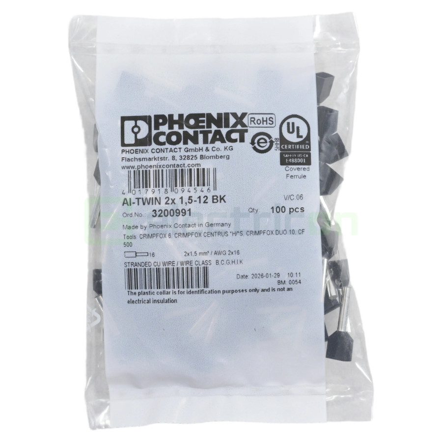 Ferule duble 2x1.5mm 12mm negru Phoenix Contact 3200991