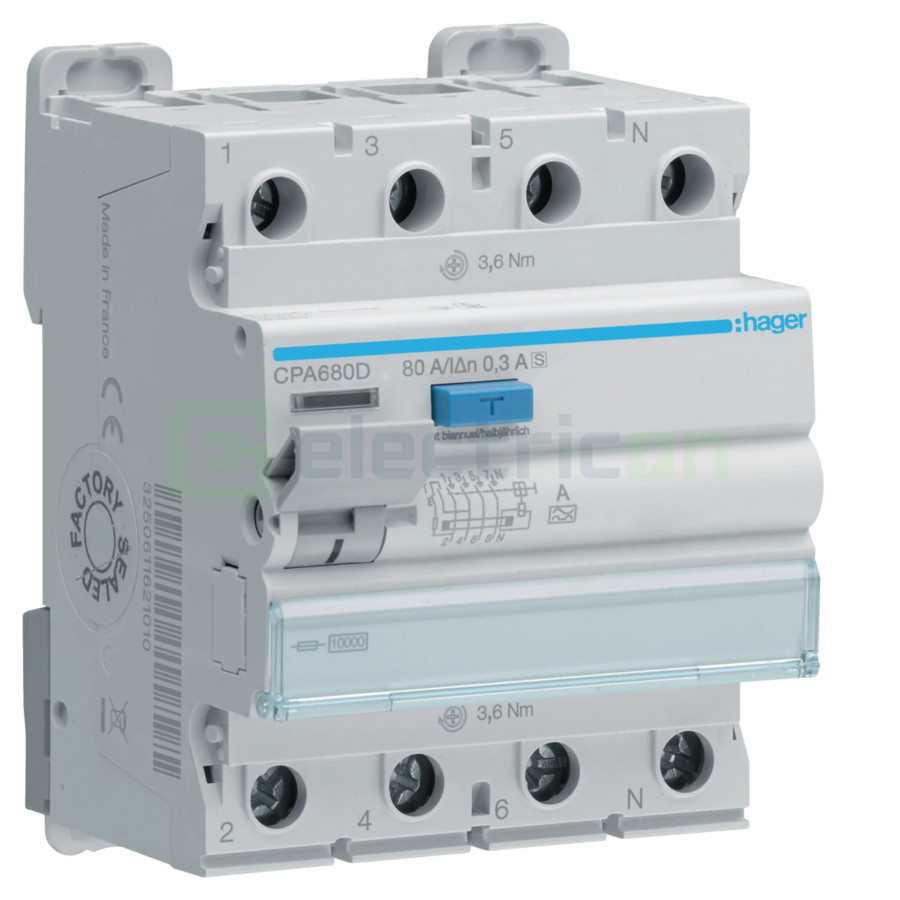 Diferențial Selectiv RCCB 4P 80A 300mA Tip S Hager CPA680D