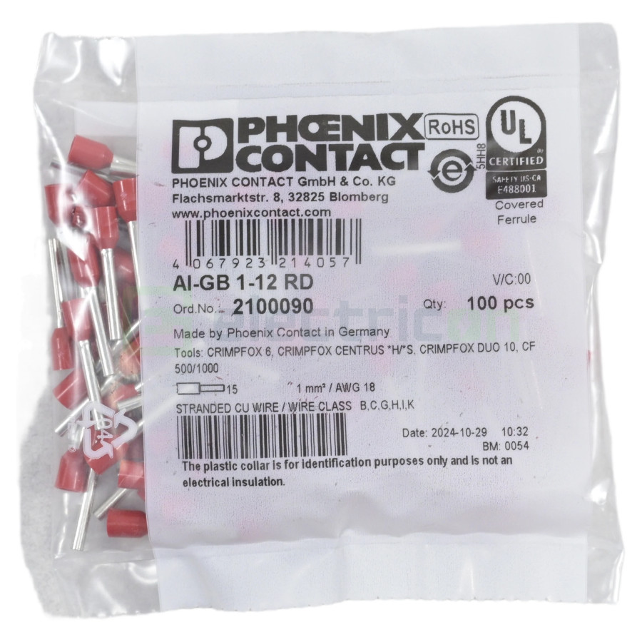 Ferule 1mm 12mm rosu Phoenix Contact 2100090