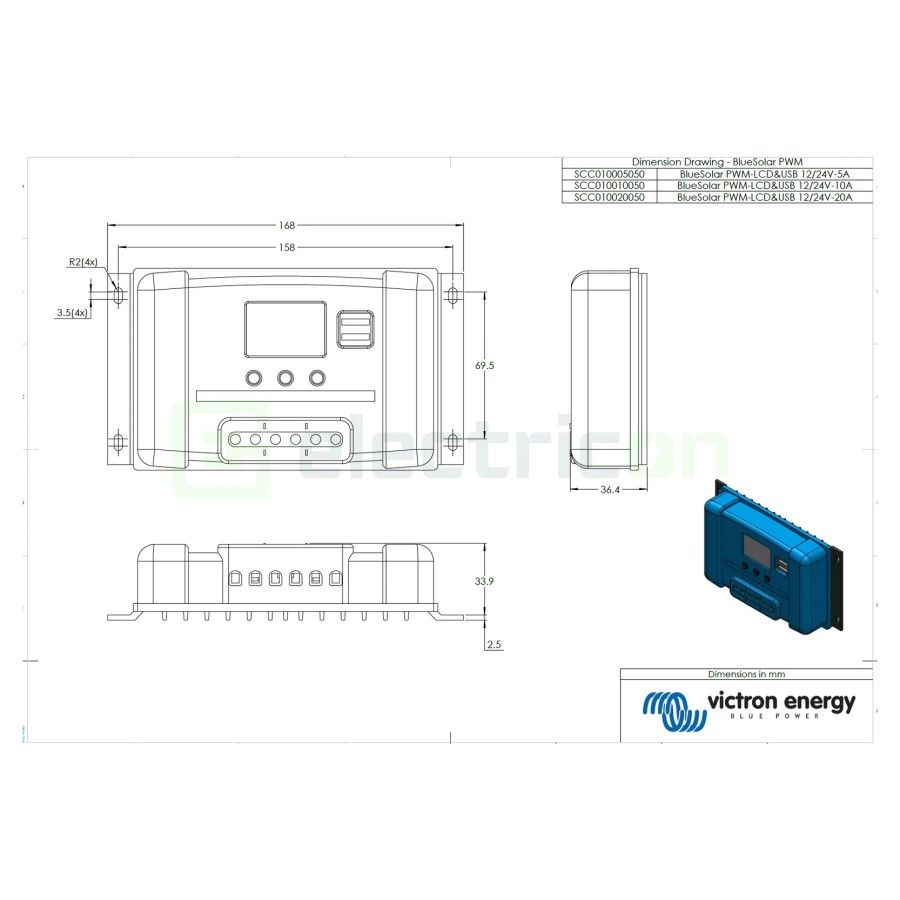 Încărcător solar PWM - LCD&USB 12/24V-5A - Victron Energy SCC010005050