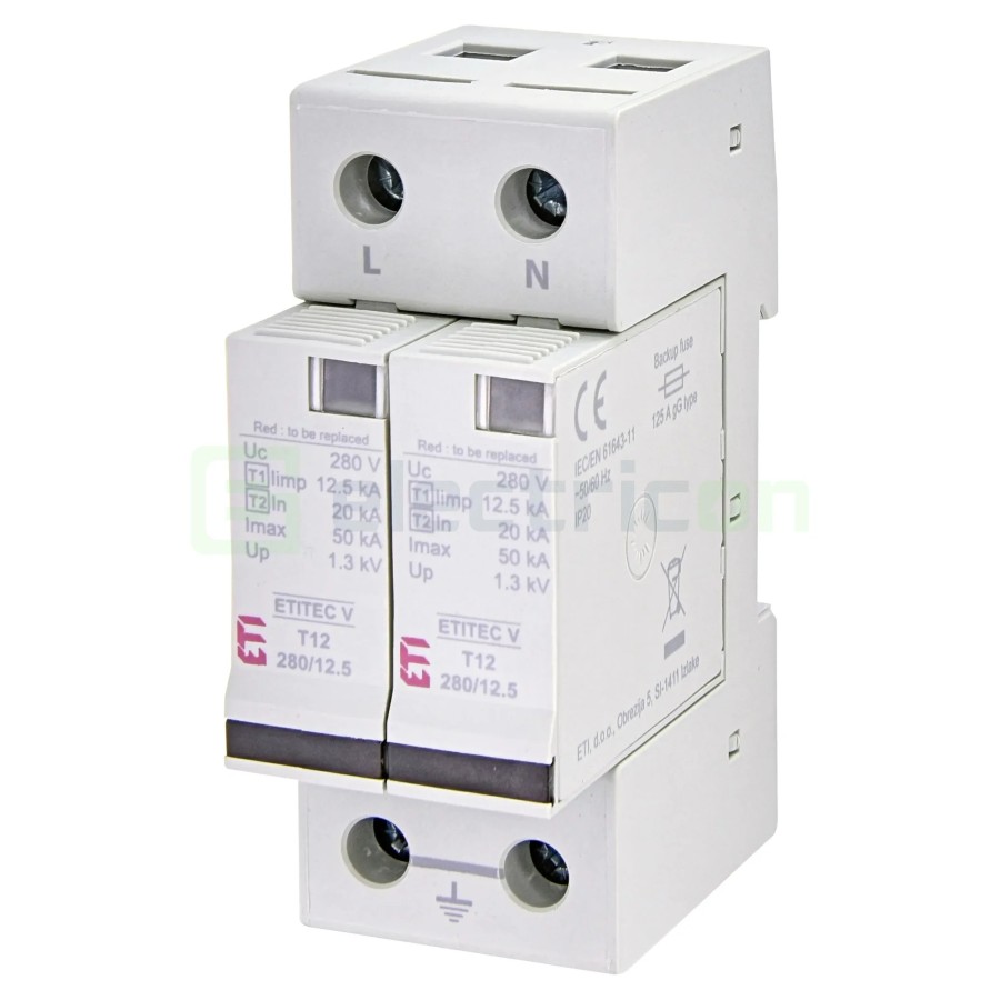 Descarcător supratensiune - SPD - Tip 1+2 1P+N broșabil cu semnalizare 280VAC 20kA TN-S 2M - ETI 002442902