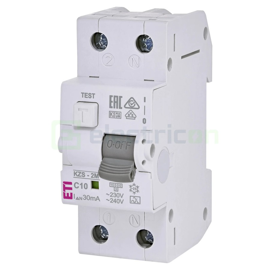 RCBO - Siguranță automată - Disjunctor cu protecție diferențială - tip A curba C 10A 30mA 10kA 1P+N 2M KZS-2M - ETI 002173222