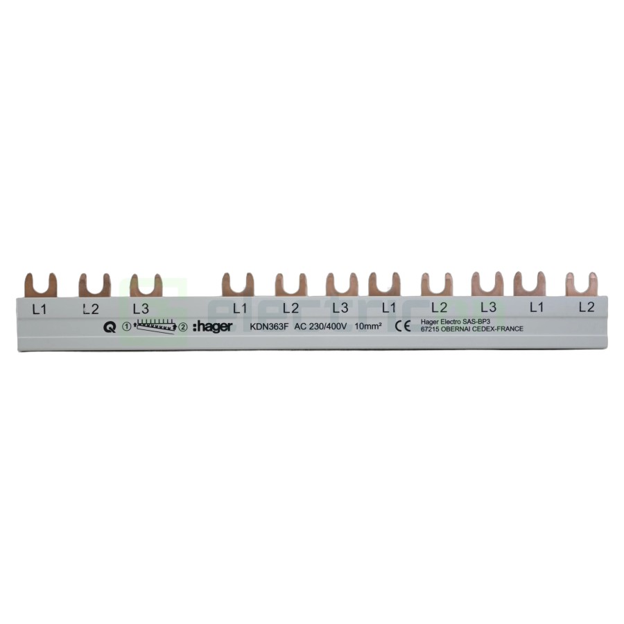 Busbar - Baretă alimentare - 3P trifazat tip furcă 12M (4x MCB 3P) 10mm² 63A - Hager KDN363F