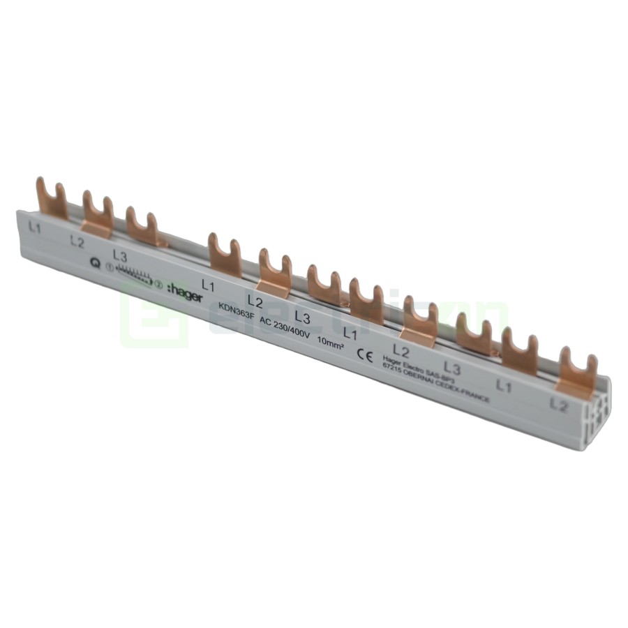 Busbar - Baretă alimentare - 3P trifazat tip furcă 12M (4x MCB 3P) 10mm² 63A - Hager KDN363F