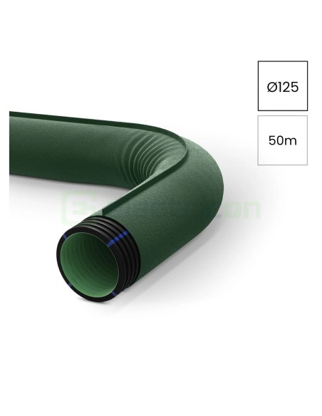 Țeavă riflată pentru drenaj cu perete dublu, cu geotextil incorporat D 125 mm, rolă de 50 metri, Kouvidis Geodrain Plus 2028125