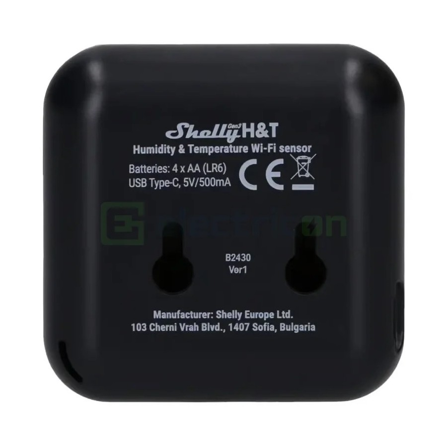 Termostat smart - Termohigrometru - H&T Gen3 Matte Black, ecran E-ink, Wi-Fi - Shelly H&T Gen3 Black