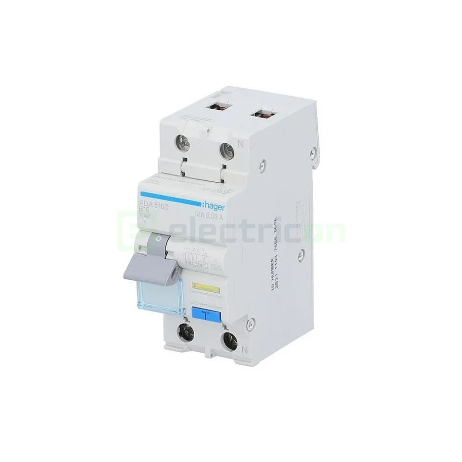 RCBO - Siguranță automată - Disjunctor cu protecție diferențială - tip A curba B 16A 10mA 6kA !P+N 2M - Hager ADA516D