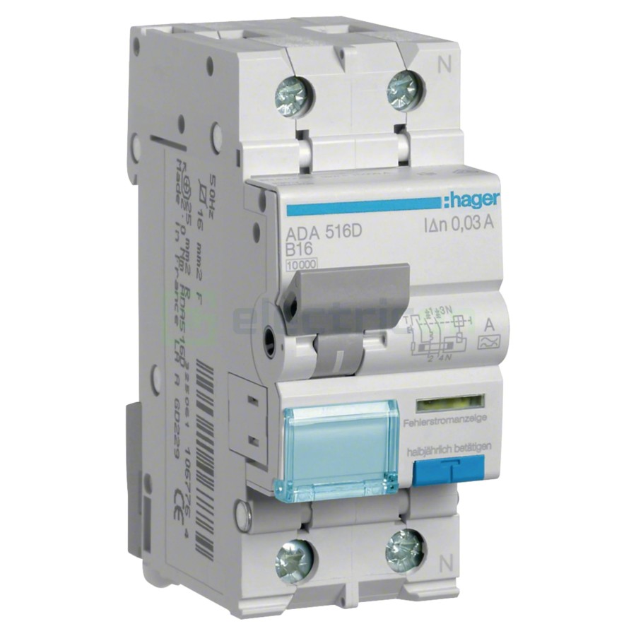 RCBO - Siguranță automată - Disjunctor cu protecție diferențială - tip A curba B 16A 10mA 6kA !P+N 2M - Hager ADA516D