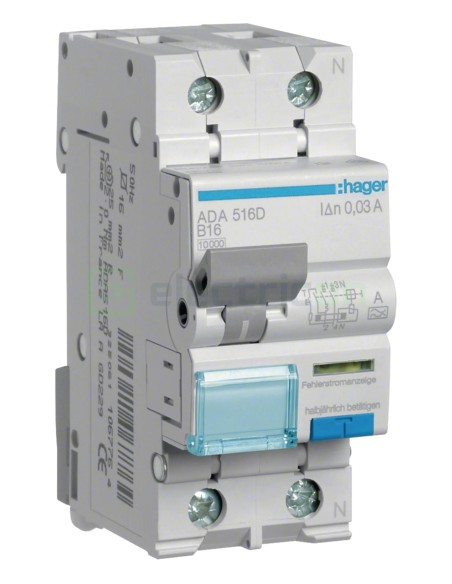 RCBO - Siguranță automată - Disjunctor cu protecție diferențială - tip A curba B 16A 10mA 6kA !P+N 2M - Hager ADA516D