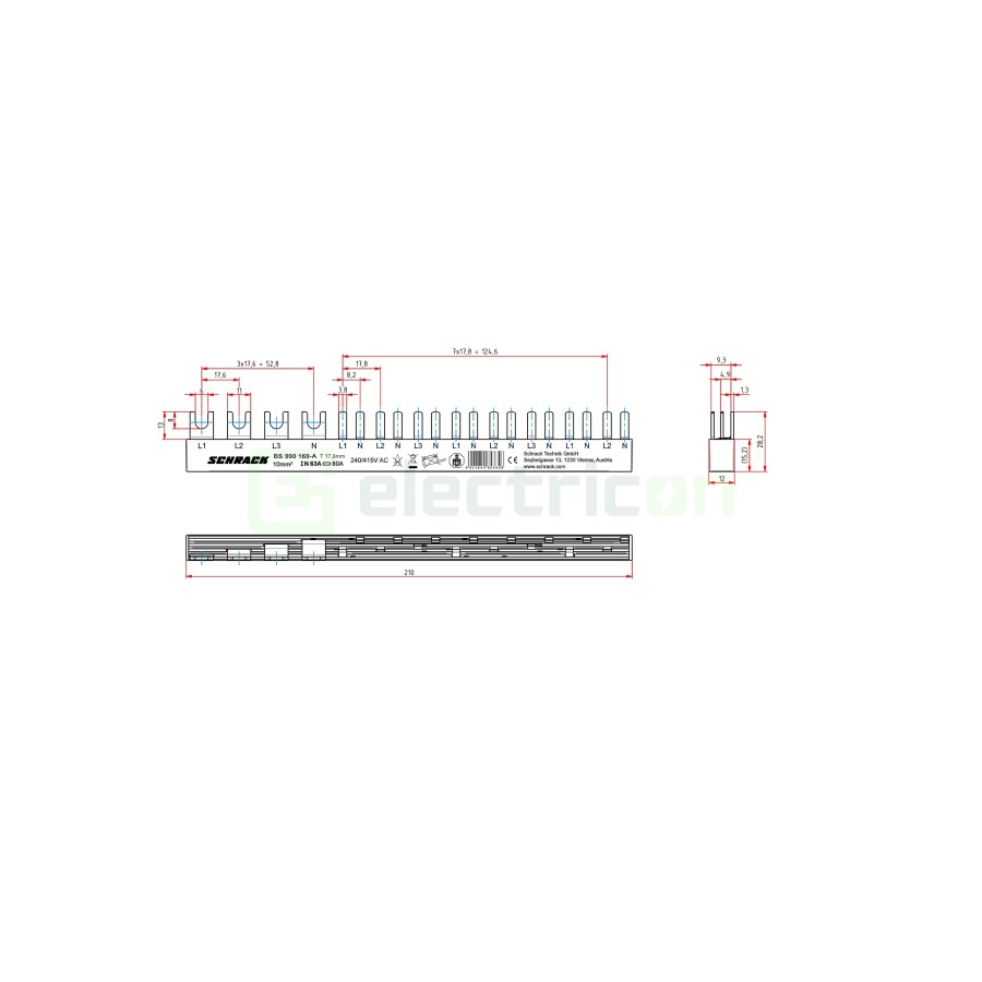 Busbar - Baretă alimentare - 4P trifazat 12M (1xRCCB 4P+ 8xMCB 1P+N 1M) - Amparo - Schrack BSA90169