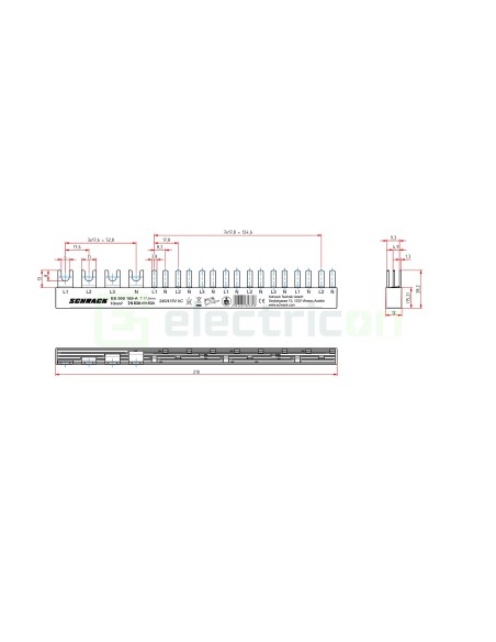 Busbar - Baretă alimentare - 4P trifazat 12M (1xRCCB 4P+ 8xMCB 1P+N 1M) - Amparo - Schrack BSA90169