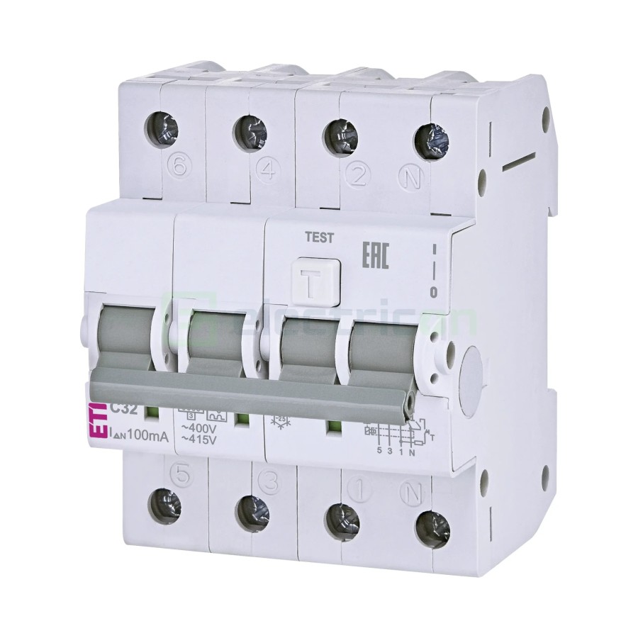 RCBO - Siguranță automată - Disjunctor cu protecție diferențială tip A curba C 32A 100mA 3P+N 4M KZS-4M - ETI 002174427