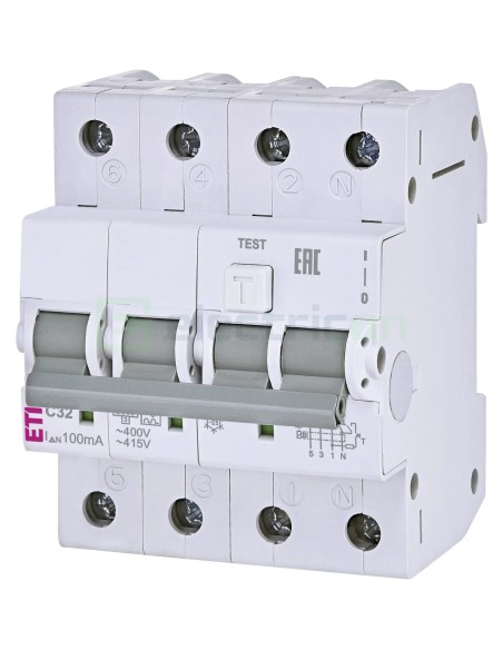 RCBO - Siguranță automată - Disjunctor cu protecție diferențială tip A curba C 32A 100mA 3P+N 4M KZS-4M - ETI 002174427