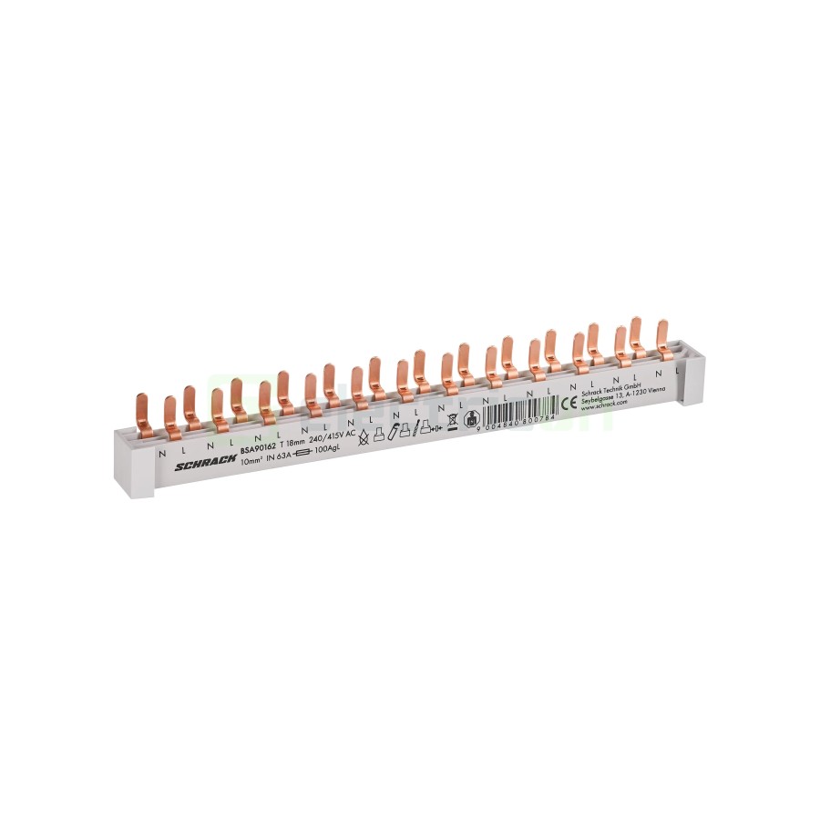 Busbar - Baretă alimentare - 2P monofazat tip furcă 12M (12x MCB N+P) 10mm² 100A - Schrack BSA90162