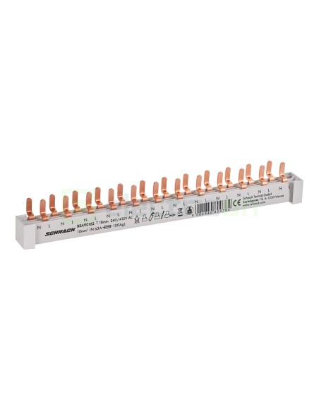 Busbar - Baretă alimentare - 2P monofazat tip furcă 12M (12x MCB N+P) 10mm² 100A - Schrack BSA90162