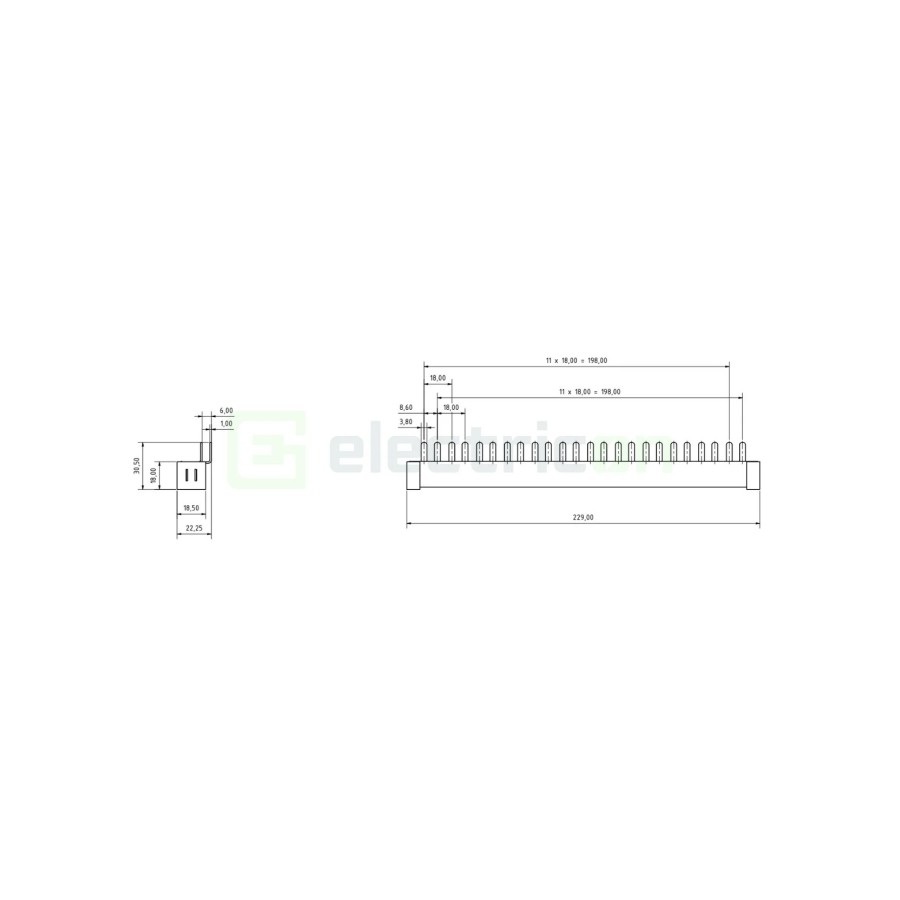 Busbar - Baretă alimentare - 2P monofazat tip furcă 12M (12x MCB N+P) 10mm² 100A - Schrack BSA90162