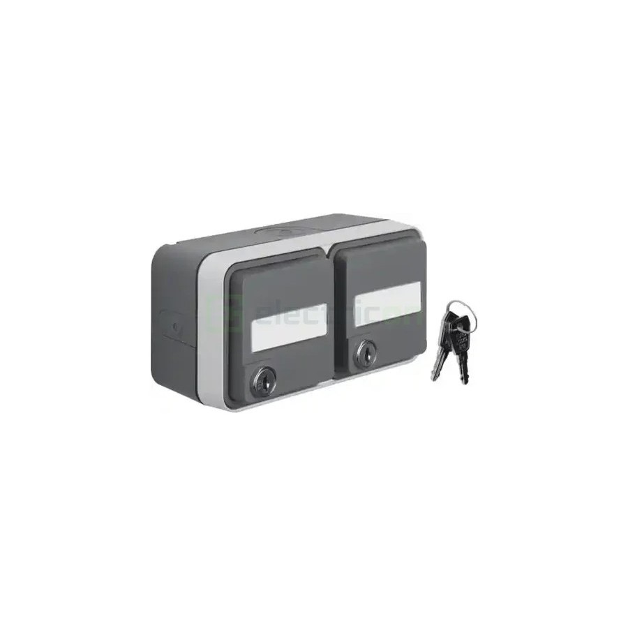 Priză - Schuko - dublă capac opac port etichetă cheie - aplicat - gri - IP55 - Berker W.1 - WNC147
