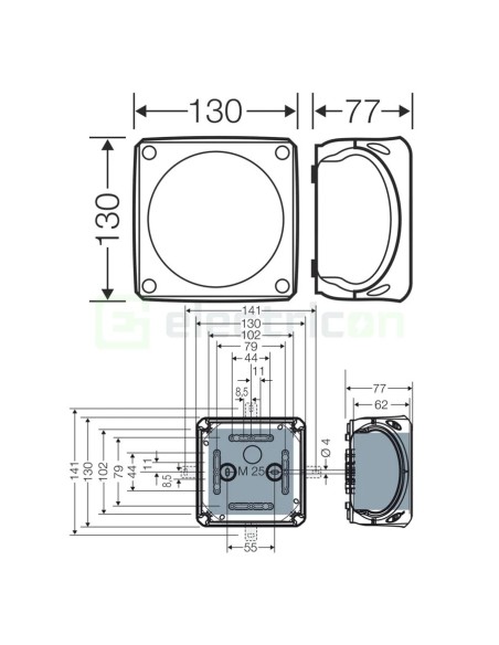 Doză ramificație aparentă IP66 - 130x130x77 mm - Cutie conexiuni Hensel KF 0600 B